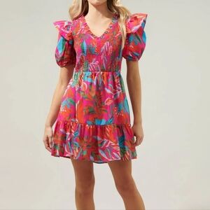 NEW Sugarlips Cactus Blossom Leones Pink smocked mini ruffle sleeve dress M